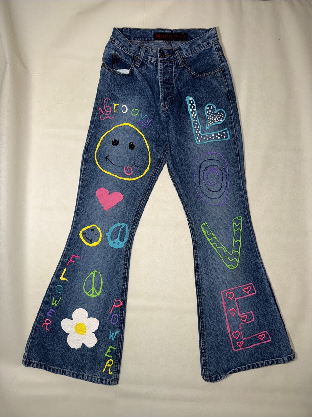 Vintage Mudd Blue Hand-Painted Groovy Flare Jeans